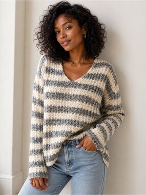 hinge Striped V-Neck Sweater in Cream and Gray